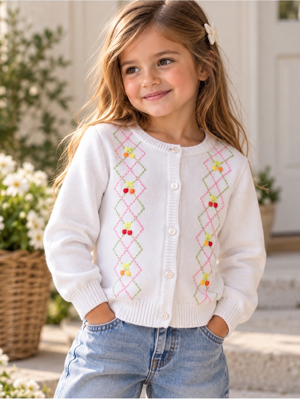Gymboree Girls White Embroidered Cotton Cardigan | Fruit Cherry Detail | Size 6